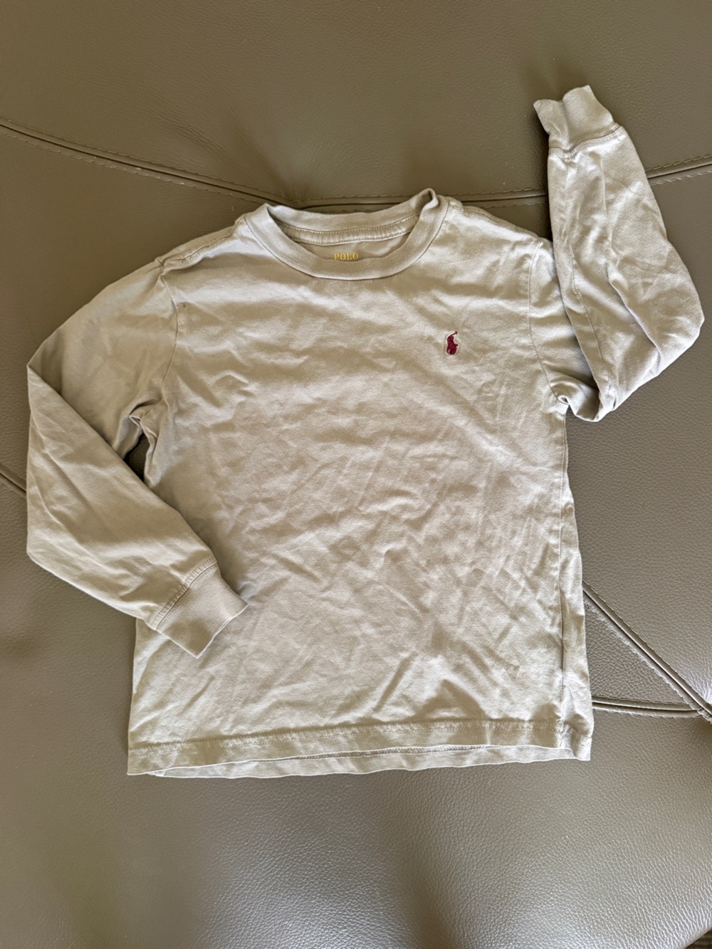 4T polo Ralph Lauren boys light olive beige long sleeve tee with maroon logo